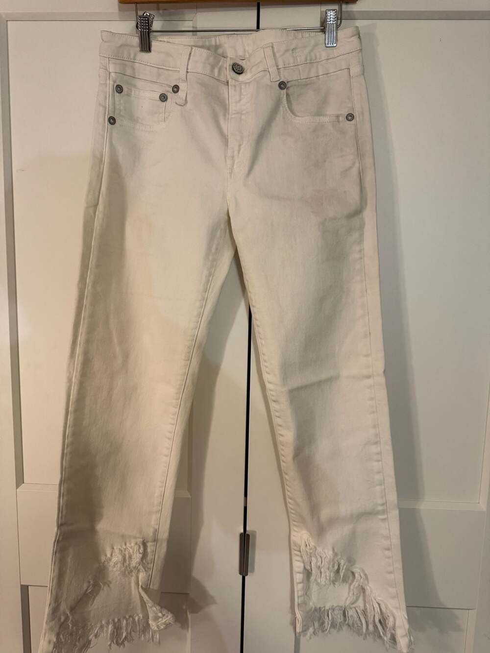 R13 White Distressed Frayed Hem Cropped Jeans